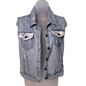 Element Medium Denim Vest Women Light Wash  Lace Back Distressed Boho cottage